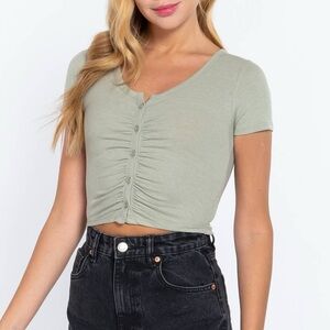 Cropped Short Sleeve Button Up Rib Knit Top